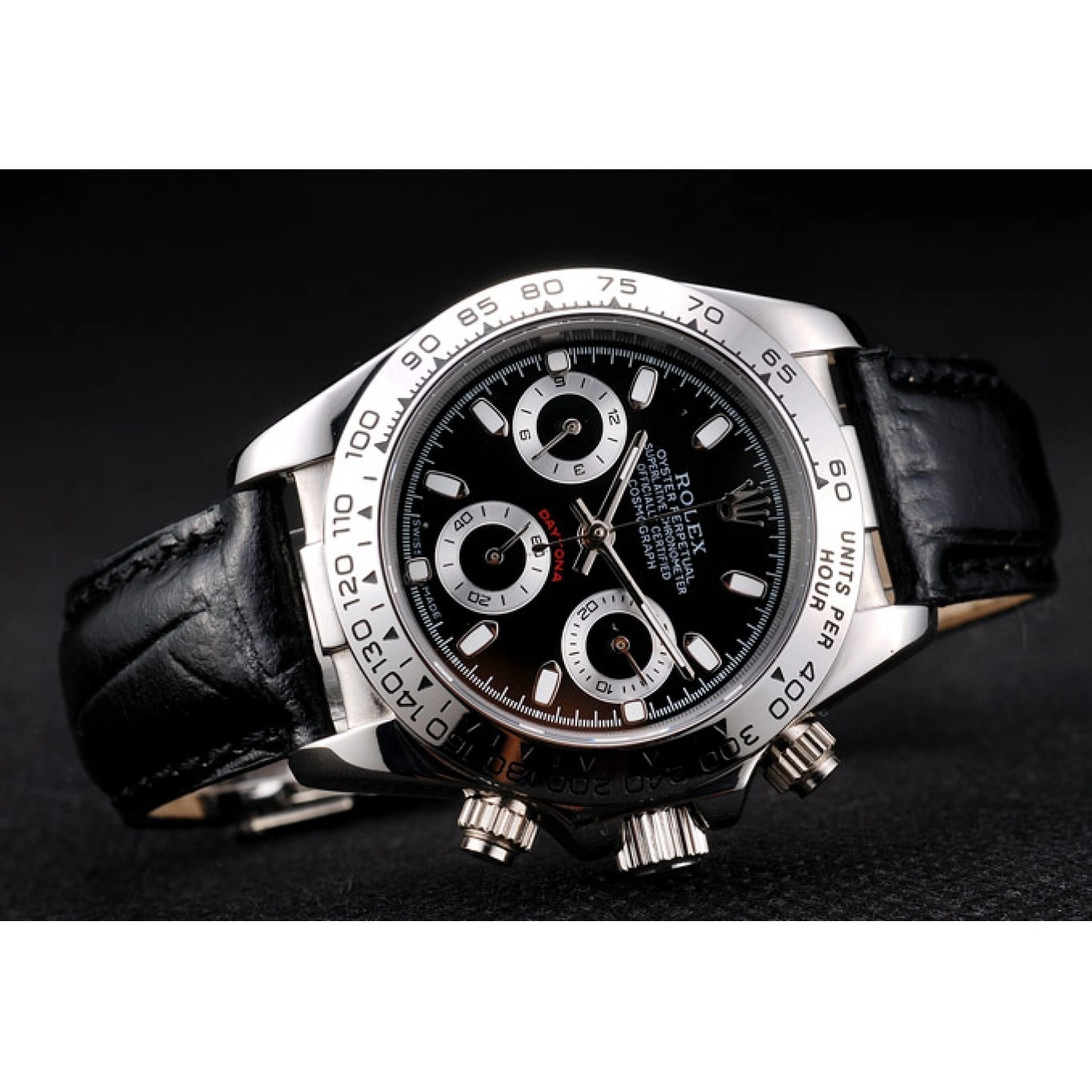 Aaa replica watch Dial Daytona Black Stainless Rolex Lady Strap Tachymeter Steel Case Black Leather 0730